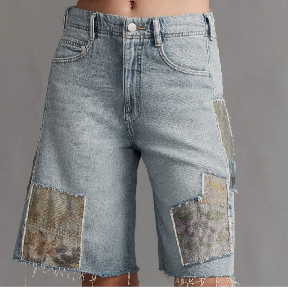 Pilcro Light Blue Denim Patchwork Bermuda Shorts with Floral Accents